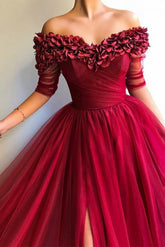 Burgundy Prom Dress Off-Shoulder Half Sleeves Tulle with Appliques Dress